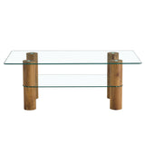 English Elm Modern Minimalist Double-Layer Transparent Tempered Glass Coffee Table and Coffee Table, Paired With Wooden Mdf Decorative Columns. Computer Desk. Game Table. Ct-X02