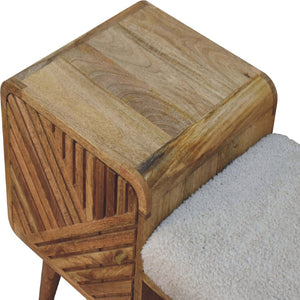 English Elm Solid Wood Boucle Upholstered Telephone Table With Carved Drawer & Open Shelf For Stylish Storage B182P280795-GIGA