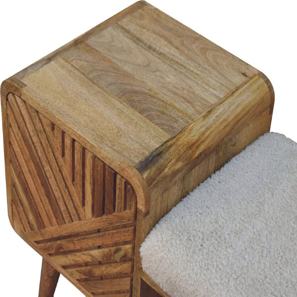 English Elm Solid Wood Boucle Upholstered Telephone Table With Carved Drawer & Open Shelf For Stylish Storage B182P280795-GIGA