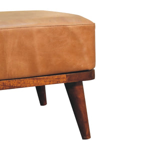 English Elm Tan Buffalo Leather Footstool Upholstered with Nordic Legs Chestnut Wood Accent Cozy Modern Chic 23.6"L B182P166630