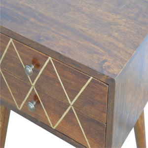English Elm Geo Brass Inlay Bedside Chestnut with Gold Accents, 2-Drawer Nordic Legs Nightstand for Cozy Style B182P166486
