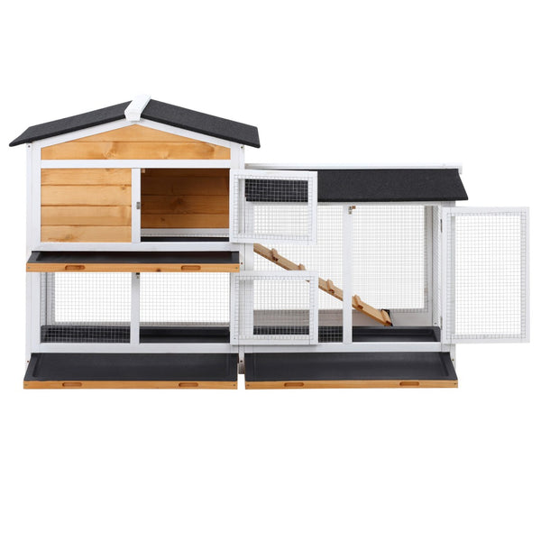 English Elm Pawhut 2-story Wooden Rabbit Hutch Weatherproof Outdoor Run with Ramp and Slide Trays W2225P166455