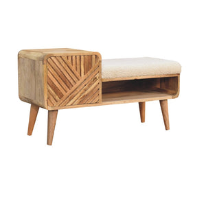 English Elm Solid Wood Boucle Upholstered Telephone Table With Carved Drawer & Open Shelf For Stylish Storage B182P280795-GIGA
