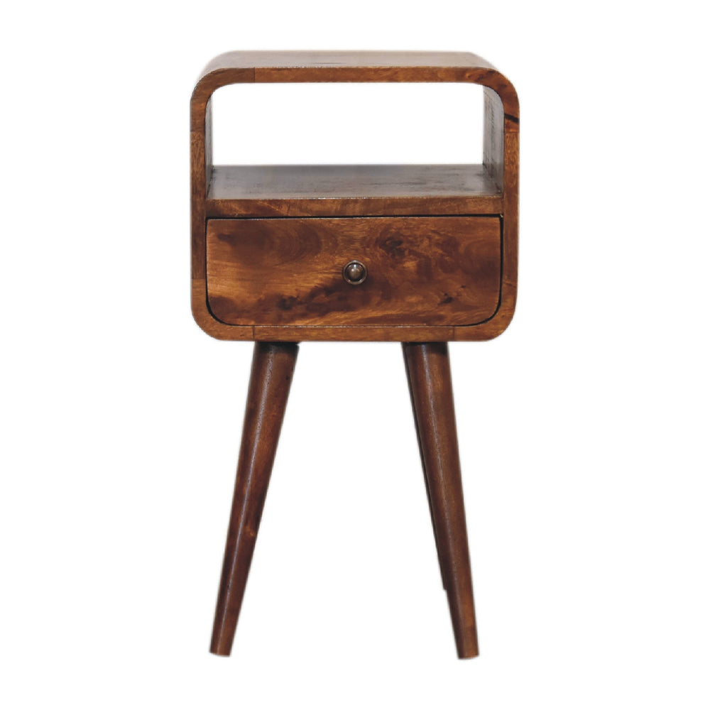 English Elm Mini Chestnut Curve Open Bedside Table With Drawer - Compact Solid Wood Design For Stylish Storage B182P166577