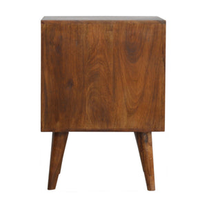 English Elm Chestnut Solid Wood Cube Bedside Nightstand with Carved Front, Nordic Legs, 2 Drawers, Brown Finish B182P166503