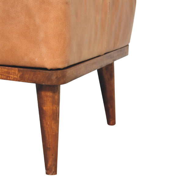 English Elm Tan Buffalo Leather Footstool Upholstered with Nordic Legs Chestnut Wood Accent Cozy Modern Chic 23.6"L B182P166630