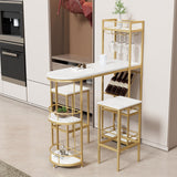 Hearth and Haven 3 Pcs Bar Table and Chairs Set, Modern White Kitchen Bar Height Dining Table Wood Breakfast Pub Table with Gold Base with Shelves, Glass Rack, Wine Bottle Rack , With 2 Bar Stools WF322499AAG