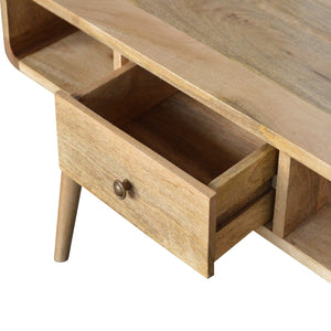 English Elm Curved Oak-Ish Coffee Table With 2 Drawers & Open Slots - Scandinavian Style For Modern Living Rooms B182P166496