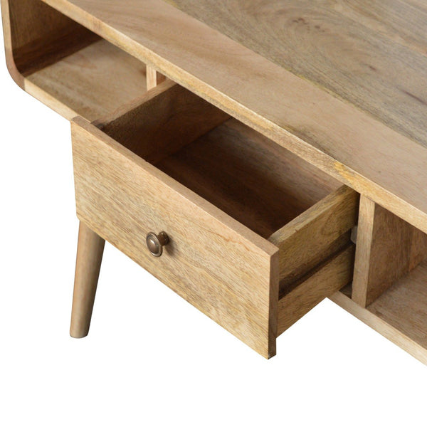 English Elm Curved Oak-Ish Coffee Table With 2 Drawers & Open Slots - Scandinavian Style For Modern Living Rooms B182P166496