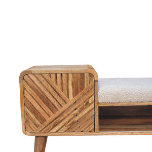 English Elm Solid Wood Boucle Upholstered Telephone Table With Carved Drawer & Open Shelf For Stylish Storage B182P280795-GIGA