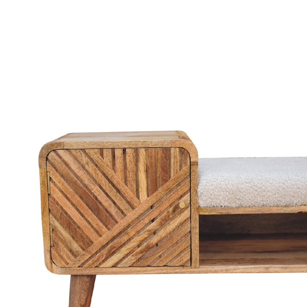 English Elm Solid Wood Boucle Upholstered Telephone Table With Carved Drawer & Open Shelf For Stylish Storage B182P280795-GIGA