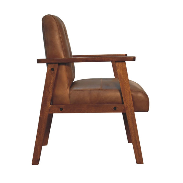 English Elm Brown Buffalo Leather Chair - Chestnut Solid Wood Accent Seat, Timeless Elegance, Cozy Contemporary Style B182P166663