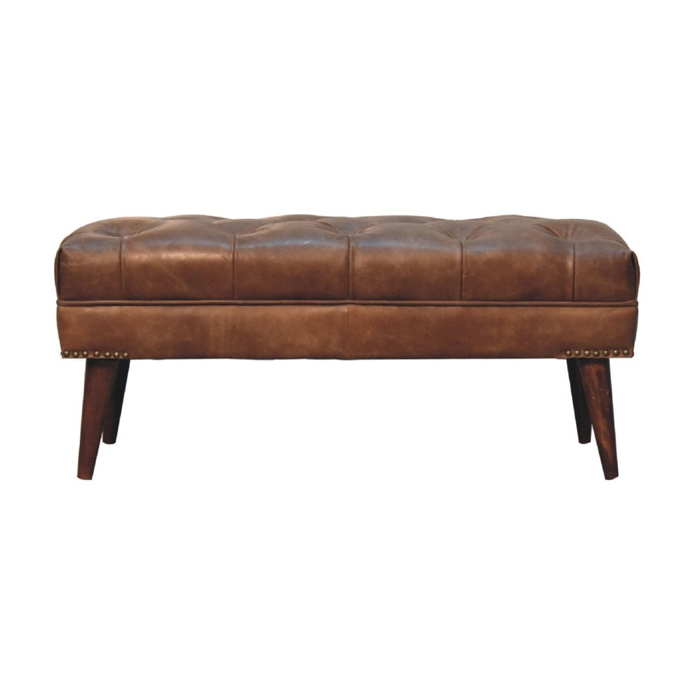 English Elm Solid Wood Harbour Brown Leather Bench - Handcrafted Elegance With Deep Tufting For Timeless Style B182P280813-GIGA