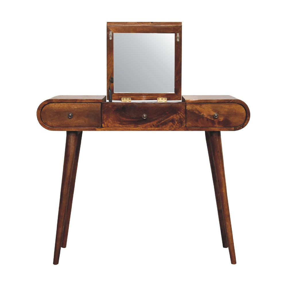 English Elm Chestnut Solid Wood Dressing Table with Mirror, Nordic Legs, 2 Drawers & Storage Compartments, Elegant Finish B182P166572