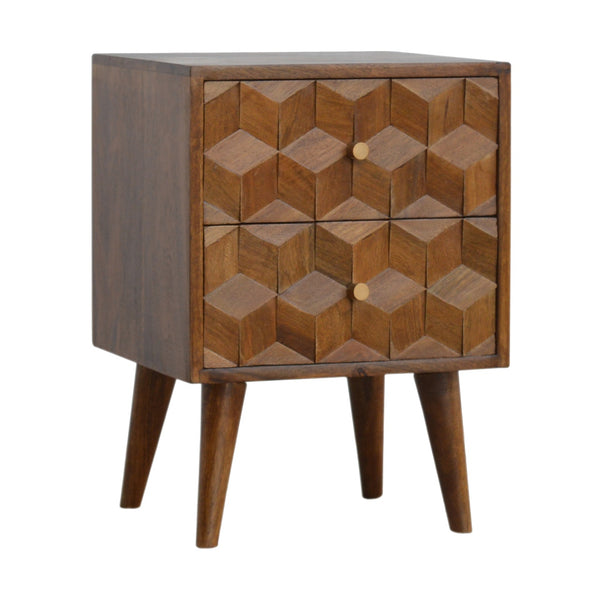 English Elm Chestnut Solid Wood Cube Bedside Nightstand with Carved Front, Nordic Legs, 2 Drawers, Brown Finish B182P166503