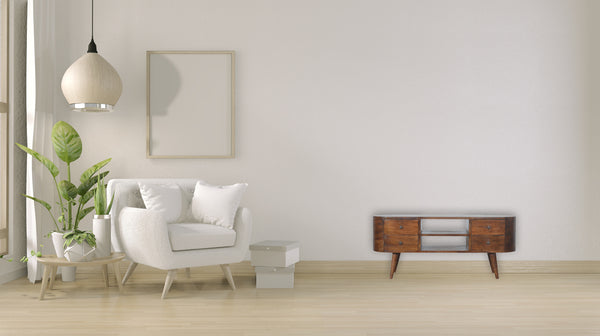 English Elm Chestnut Rounded Entertainment Unit With Nordic Legs, 4 Drawers & Open Slots For Stylish Storage B182P166512