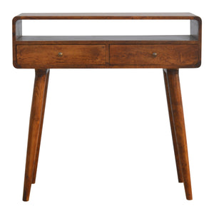 English Elm Curved Chestnut Console Table with 2 Drawers & Open Shelf, Solid Wood Accent, Timeless Elegant Design B182P166489