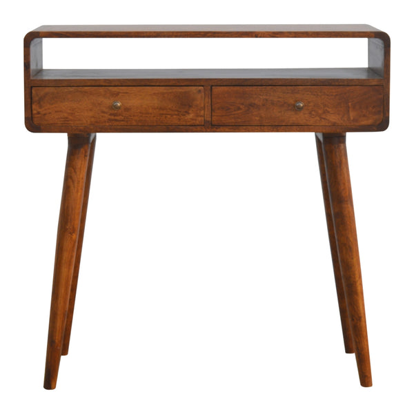 English Elm Curved Chestnut Console Table with 2 Drawers & Open Shelf, Solid Wood Accent, Timeless Elegant Design B182P166489