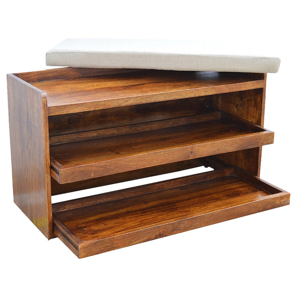English Elm Mud Linen Pull-Out Shoe Bench With 2 Shelves For Stylish Storage And Seating In Chestnut Finish B182P166490