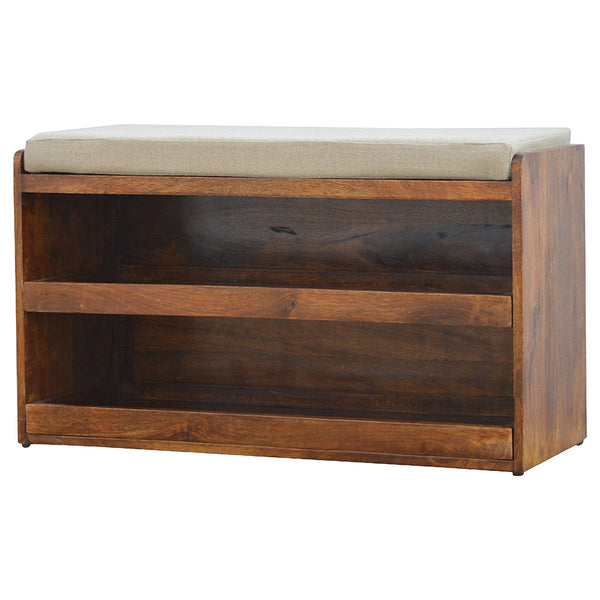 English Elm Mud Linen Pull-Out Shoe Bench With 2 Shelves For Stylish Storage And Seating In Chestnut Finish B182P166490