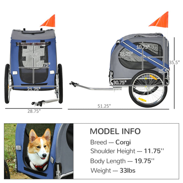 English Elm Aosom Pet Bike Trailer with Steel Frame, Quick-Release Wheels, Mesh Ventilation & Safety Flag Blue W2225P166452