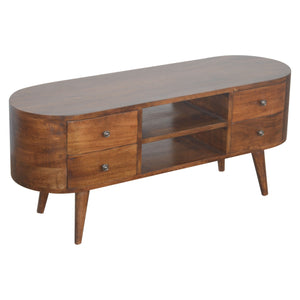 English Elm Chestnut Rounded Entertainment Unit With Nordic Legs, 4 Drawers & Open Slots For Stylish Storage B182P166512