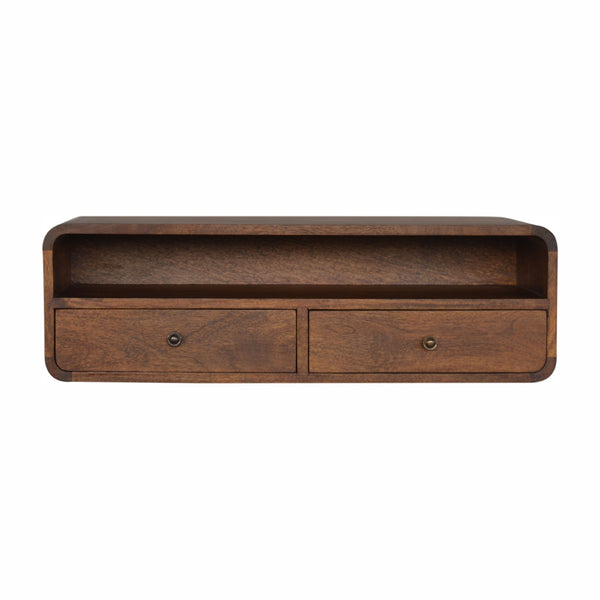 English Elm Floating Chestnut Open Console - 2 Drawer Wall-Mounted Solid Wood Storage, Modern Chestnut Finish B182P166533