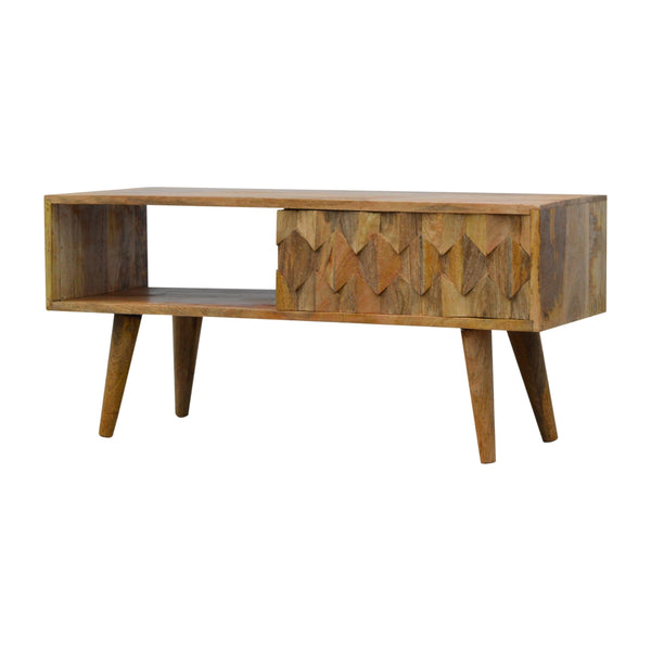 English Elm Pineapple Carve Oak Media Console with Rattan Accent, 1 Open Slot, Sliding Drawer, Nordic Legs B182P166493