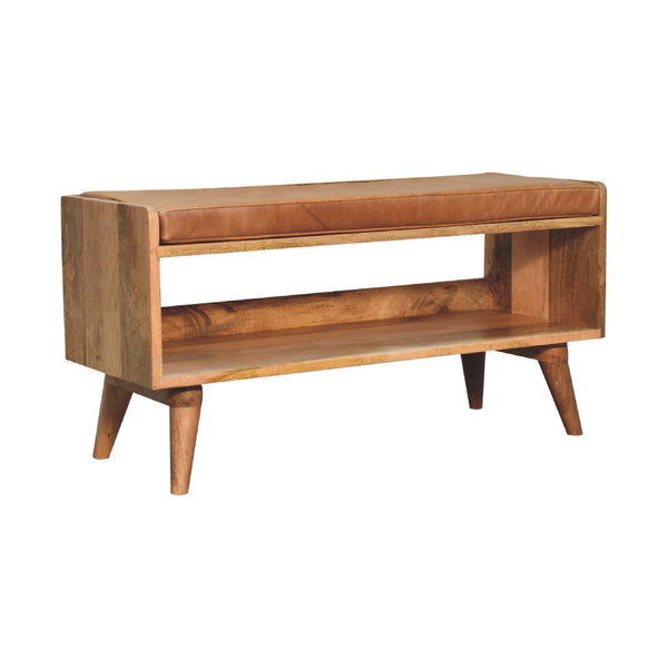 English Elm Oak-Ish Bench With Tan Leather Cushion - Stylish Entryway Seating For Modern & Rustic Spaces B182P166666