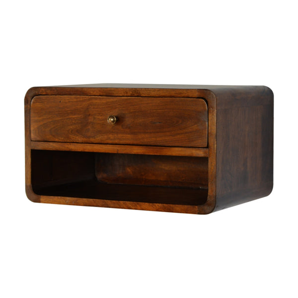 English Elm Chestnut Brown Curve Floating Bedside Nightstand – Stylish Wall-Mounted Storage For Modern Spaces B182P166501