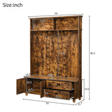 English Elm Modern Style Hall Tree With Storage Cabinet and 2 Large Drawers, Widen Mudroom Bench With 5 Coat Hooks, Rustic Brown