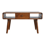 Handcrafted Solid Mango Wood Coffee Table with Chestnut Finish, Drawer, and Nordic Legs - 33.46 x 21.65 x 17.72