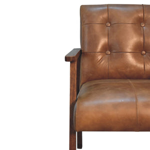 English Elm Brown Buffalo Leather Chair - Chestnut Solid Wood Accent Seat, Timeless Elegance, Cozy Contemporary Style B182P166663