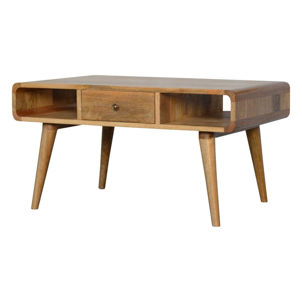 English Elm Curved Oak-Ish Coffee Table With 2 Drawers & Open Slots - Scandinavian Style For Modern Living Rooms B182P166496