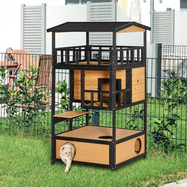 English Elm Pawhut Fir Wood Multi-level Feral Cat Shelter with Condo Asphalt Roof Play Platform W2225P166439