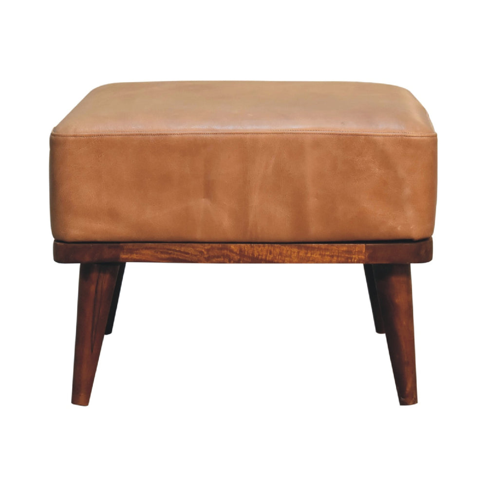 English Elm Tan Buffalo Leather Footstool Upholstered with Nordic Legs Chestnut Wood Accent Cozy Modern Chic 23.6"L B182P166630