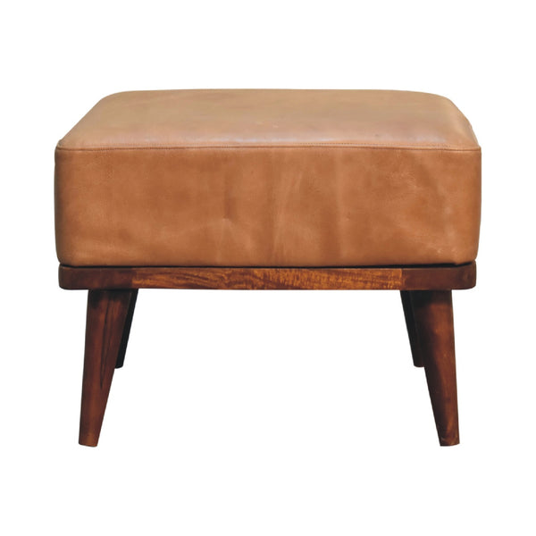 English Elm Tan Buffalo Leather Footstool Upholstered with Nordic Legs Chestnut Wood Accent Cozy Modern Chic 23.6"L B182P166630