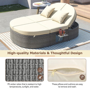 English Elm TOPMAX Outdoor Sun Bed Double Daybed with PE Rattan, 3-Position Recline, Thick Cushions & Trays Beige SP100015AAA