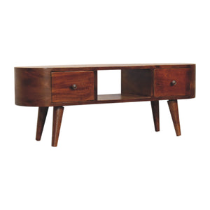 English Elm Chestnut Round Media Unit with 2 Drawers & Open Shelf — Solid Wood, Compact 43.3"L Stylish Accent B182P166579
