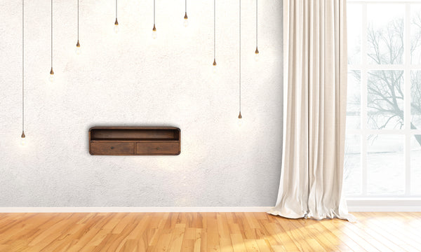 English Elm Floating Chestnut Open Console - 2 Drawer Wall-Mounted Solid Wood Storage, Modern Chestnut Finish B182P166533