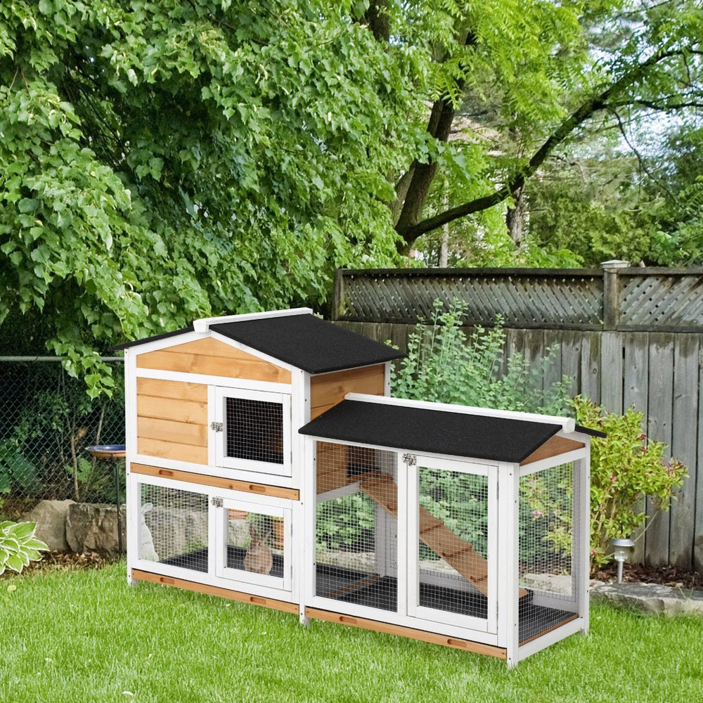English Elm Pawhut 2-story Wooden Rabbit Hutch Weatherproof Outdoor Run with Ramp and Slide Trays W2225P166455