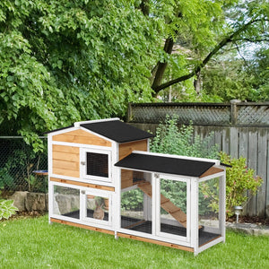 English Elm Pawhut 2-story Wooden Rabbit Hutch Weatherproof Outdoor Run with Ramp and Slide Trays W2225P166455