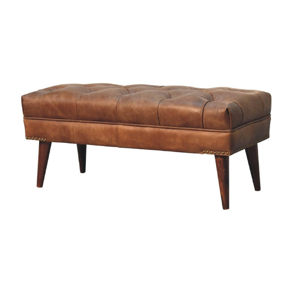 English Elm Solid Wood Harbour Brown Leather Bench - Handcrafted Elegance With Deep Tufting For Timeless Style B182P280813-GIGA