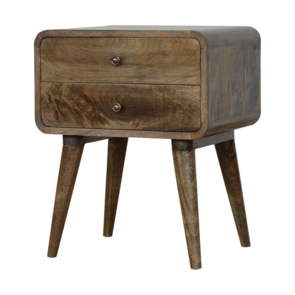 English Elm Curved Solid Wood Grey Wash Nightstand with 2 Drawers, Nordic Legs, Timeless Elegant Accent Piece B182P166523