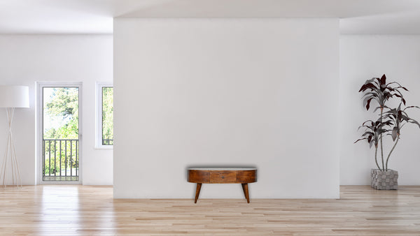 English Elm Chestnut Rounded Coffee Table With Nordic Legs, 2 Drawers For Stylish Living Room Storage & Decor B182P166518