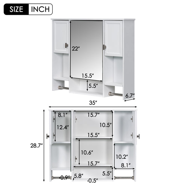 English Elm 35'' Modern Wall-Mounted Medicine Cabinet with Mirror, Ample Storage, Adjustable Shelves & Towel Bar White WF317173AAK