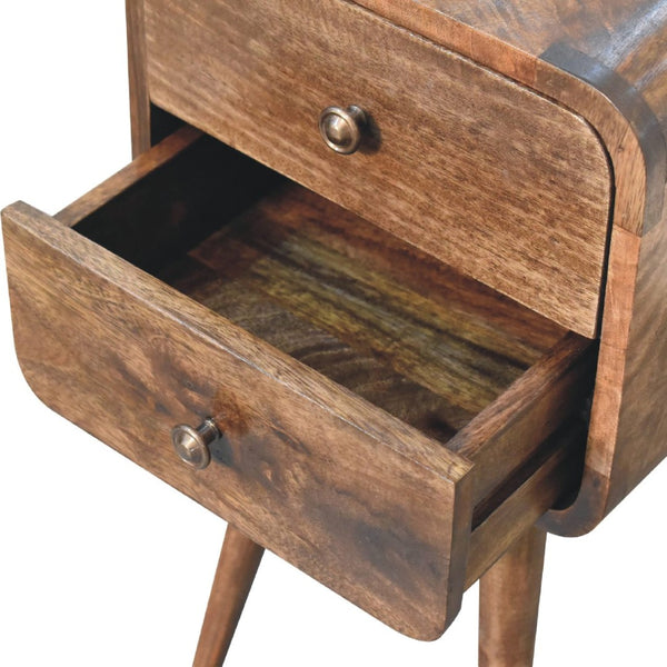 English Elm Solid Wood Mini Curved Nightstand - Grey Washed Finish, 2 Drawers, Nordic Legs For Compact Spaces B182P202480-GIGA