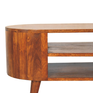 English Elm Solid Wood Cortez Chestnut media unit with 2 open shelves, Nordic legs, compact 39.4"L modern chestnut design B182P166601