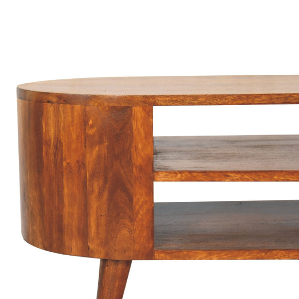 English Elm Solid Wood Cortez Chestnut media unit with 2 open shelves, Nordic legs, compact 39.4"L modern chestnut design B182P166601