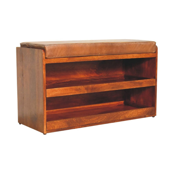 English Elm Solid Mango Wood Shoe Storage Bench With Buffalo Hide Top - Stylish Entryway Organizer & Seat B182P280799-GIGA